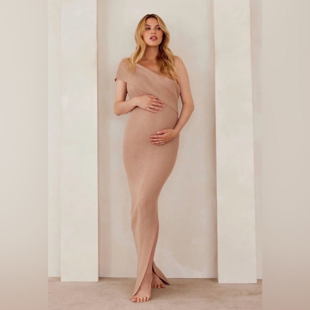 One-Shoulder Ribbed Maxi Dress in Nude